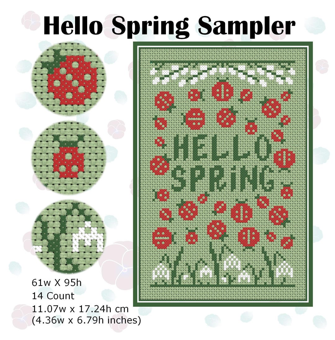 Hello Spring Cross Stitch Pattern PDF, Ladybugs & Flowers Sampler ...