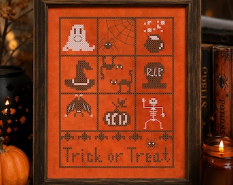 Halloween-korsstygnsprov med häxhatt, snabbt PDF-mönster för kuslig heminredning, kusligt sött Halloween-broderi