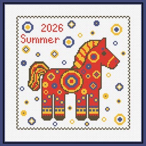 May include: Cross-stitch design featuring a red horse with yellow and blue accents, surrounded by decorative elements. The text "2026 Summer" is displayed above the horse. The design is set against a white background with a dark blue border.