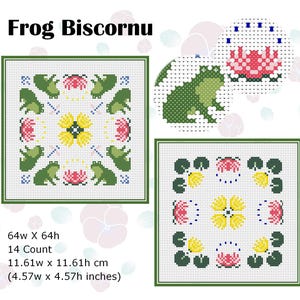 Könnte beinhalten: Ein Kreuzstichmuster mit dem Titel "Frog Biscornu" mit einem quadratischen Design. Es zeigt grüne Frösche, rosa Seerosen und eine gelbe Blume. Das Muster ist 11,61 cm breit und 11,61 cm hoch.
