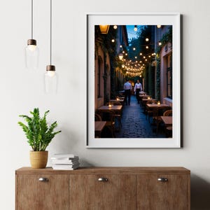 romantic cafe wall art, european street scene printable, alleyway string lights print, cozy travel photography art, paris italy cafe decor