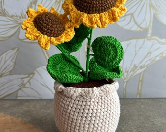 Crochet Sunflower Flower, Sunflower Flowers, Handmade Finished Crochet Sunflower Pot, Crochet Flower in Pot, Knitted Sunflower Pot
