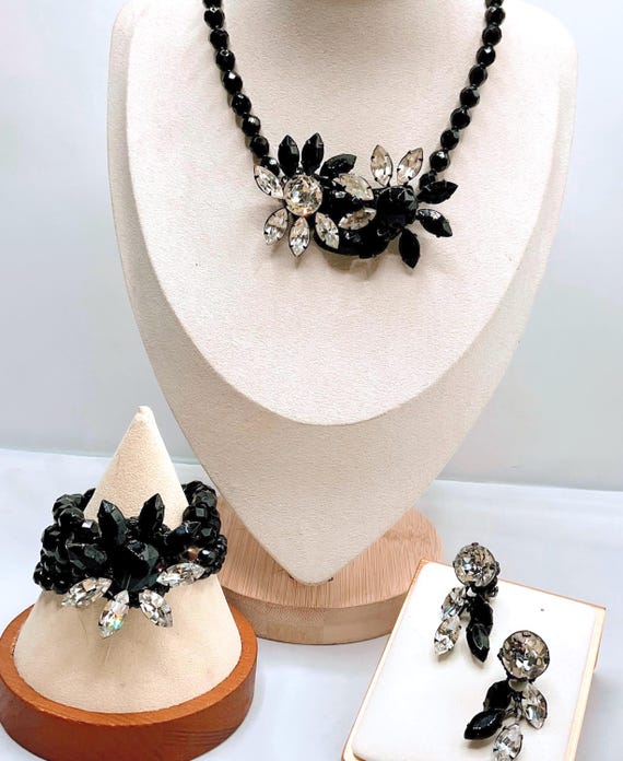 Vintage Miriam Haskell Parure Signed – Black & Cr… - image 4