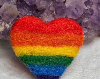 Hearts, wool needle felted, hand made, pins, cute, romance, pride, rainbow, love