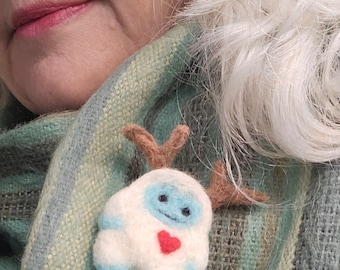 Yeti, needle felted wool,one of a kind, brooch, pin, cute, monster, cryptid