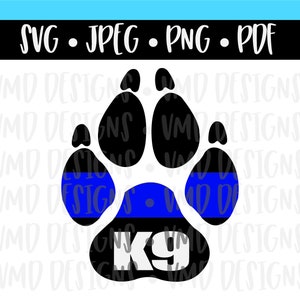 May include: A black paw print design with a blue stripe and the text "K9". The paw print is on a white background. The top of the image has the text "SVG • JPEG • PNG • PDF" in white.