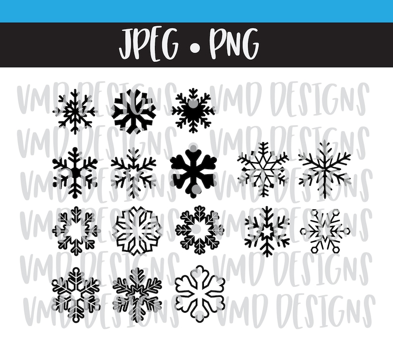 May include: A set of 16 black snowflake silhouette illustrations. The snowflakes are arranged in four rows of four snowflakes each. The snowflakes are all different designs.