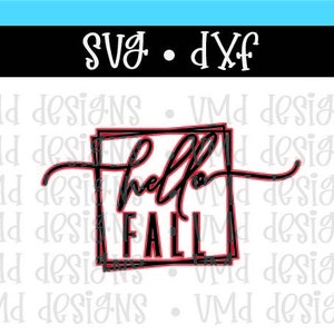 May include: Black and red graphic design with the text "hello fall" inside a square frame.