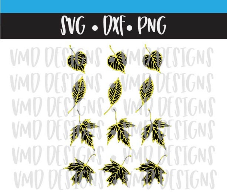 May include: A set of ten black and yellow leaf SVG cut files. The leaves are in various shapes and sizes, perfect for crafting projects.