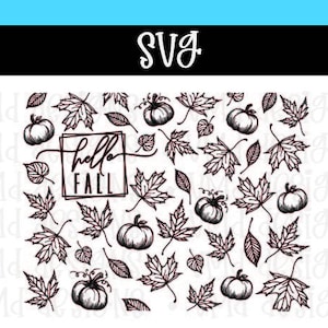 May include: Black and white digital design featuring a pattern of pumpkins and leaves with the text "hello fall" in a box.