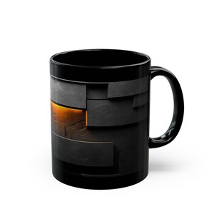 May include: Black coffee mug with a geometric design. The mug features a pattern of dark gray rectangular shapes with an orange glow in the center. The mug has a black handle and a glossy finish.