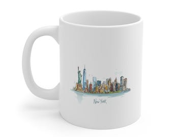 New York skyline watercolor Mug | NYC skyline illustration, Statue of Liberty