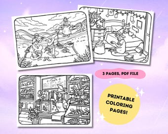 Puede incluir: Tres páginas para colorear en blanco y negro con brujas. La primera página muestra tres brujas reunidas alrededor de una manta de picnic. La segunda página muestra una bruja en un dormitorio con un caldero. La tercera página muestra una bruja en una panadería.