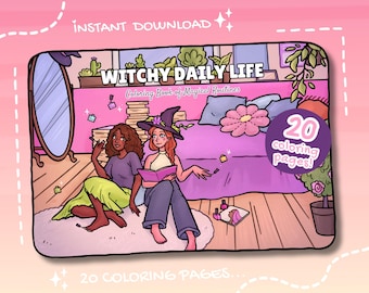 May include: Digital download of a coloring book titled "Witchy Daily Life" with 20 coloring pages. The illustration features two women in a room with a mirror, bed, and plants. One woman wears a witch hat and holds a book.