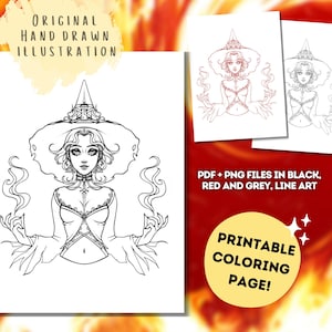 Fire Witch Coloring Page | Printable Witchy Art | Digital Download Coloring Sheet for Adults | Magical Coloring | Witchcraft coloring Page
