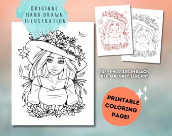 Autumn Witch Portrait Coloring Page | Hand-Drawn Line Art (PDF)