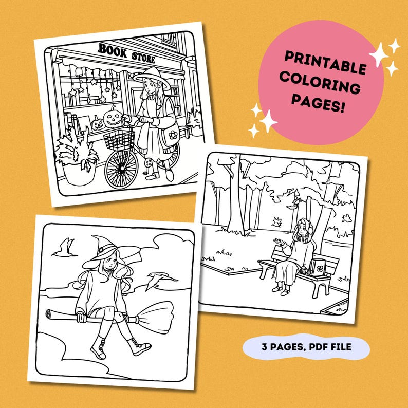 Cute Autumn Witch Coloring Pages Set Instant Download PDF 3 Pages From