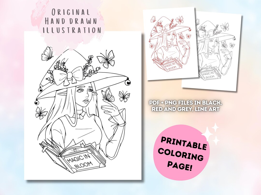 Spring Witch Portrait Coloring Page | Hand-drawn Line Art (digital ...