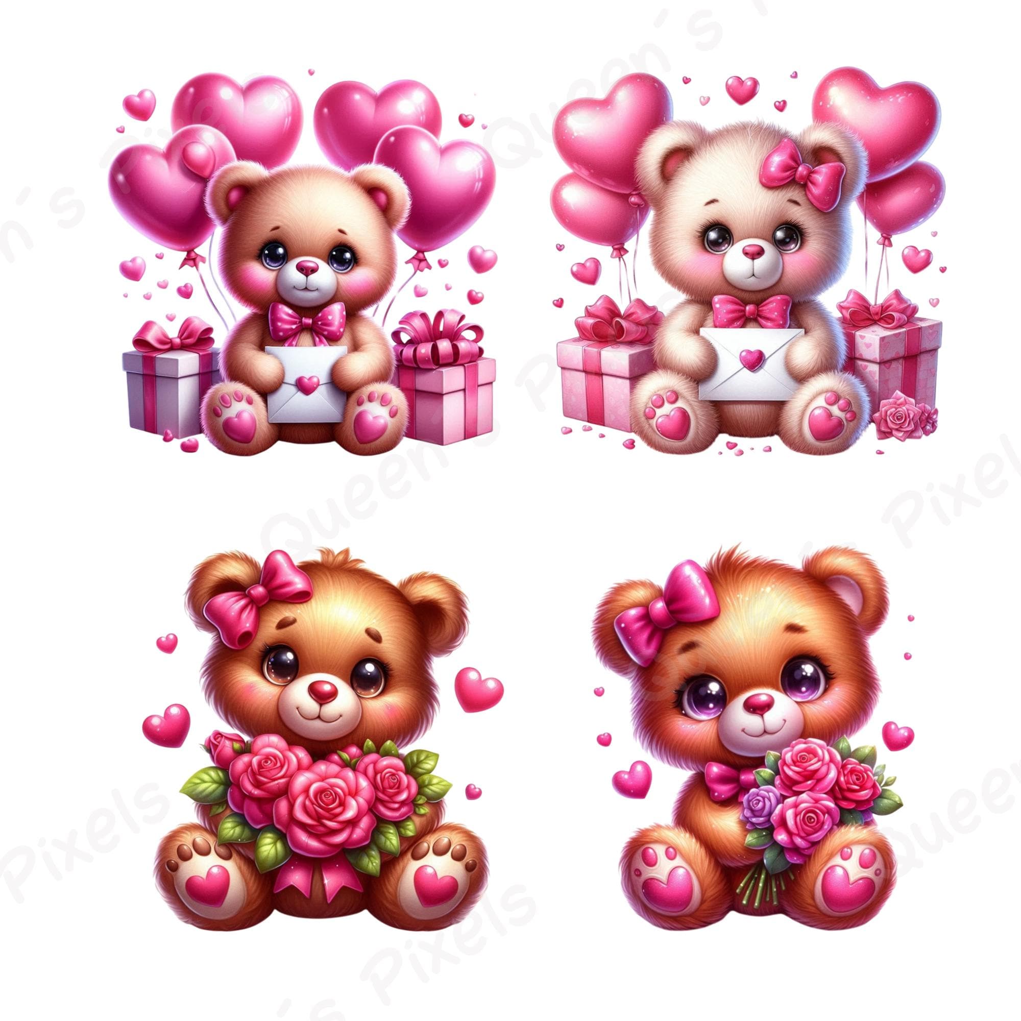 Cute Valentine Teddy Bear Png Clipart Bundle, Love Bear Png, Adorable ...