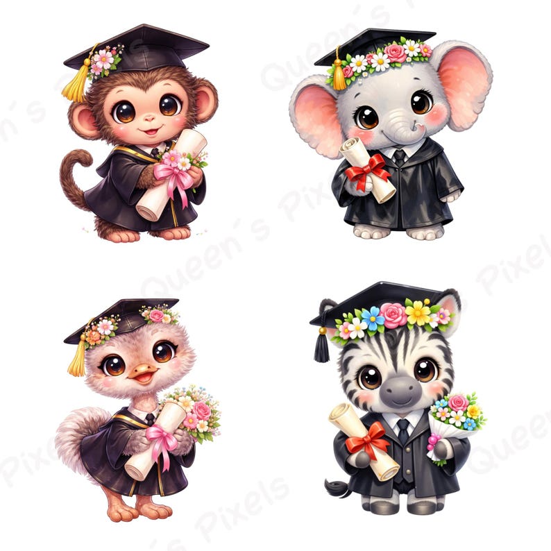 Graduation Cute Animals PNG Bundle, Kawaii Animal Graduation Clipart ...