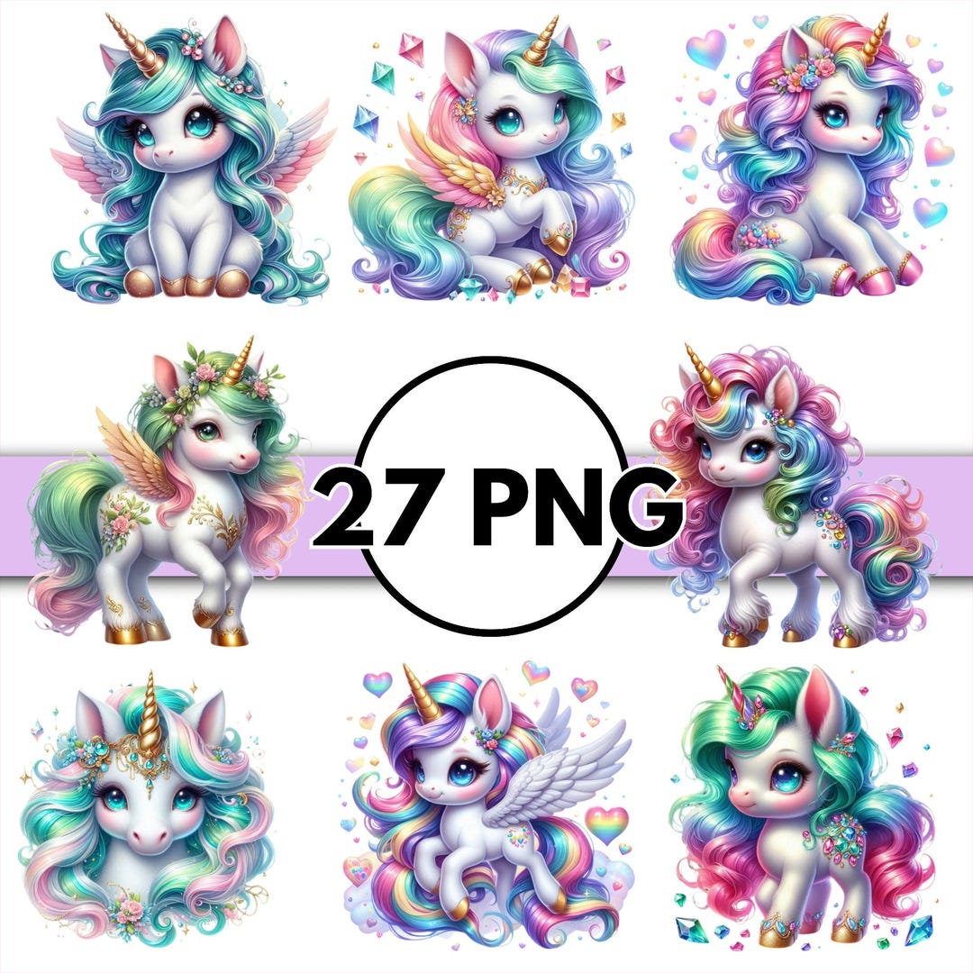 Cute Unicorn PNG Clipart Bundle, Rainbow Baby Unicorn Digital Download ...