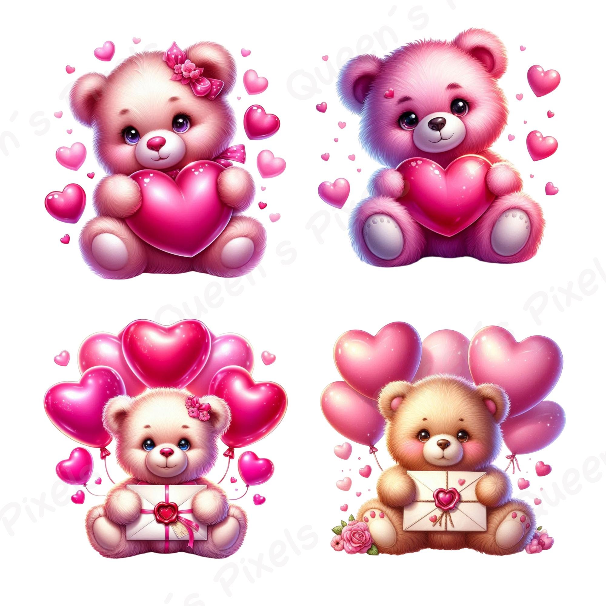 Cute Valentine Teddy Bear Png Clipart Bundle, Love Bear Png, Adorable ...