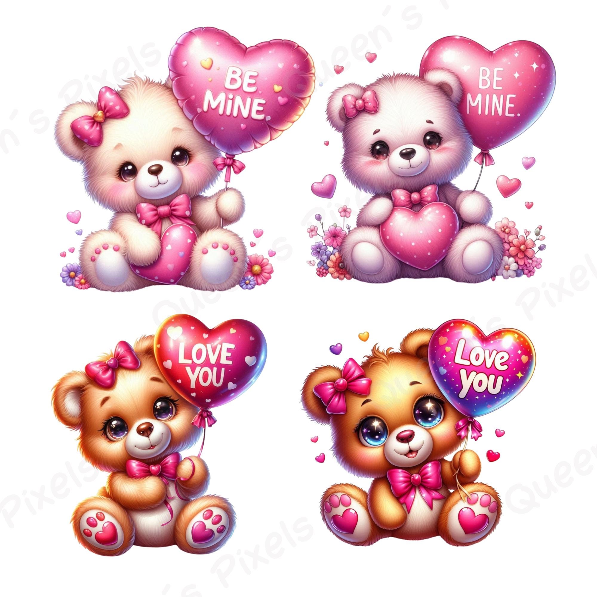 Cute Valentine Teddy Bear Png Clipart Bundle, Love Bear Png, Adorable ...
