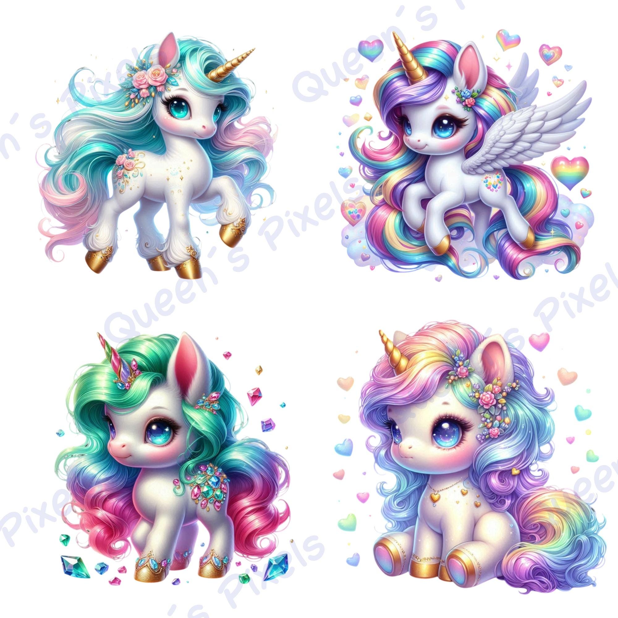 Cute Unicorn PNG Clipart Bundle, Rainbow Baby Unicorn Digital Download ...