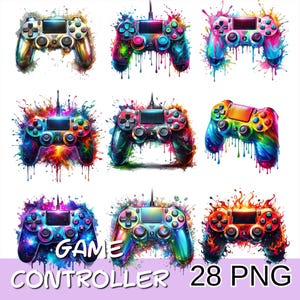 May include: Nine colorful game controller illustrations with paint splatter effects. Each controller features a unique color scheme, including rainbow, galaxy, and fire designs. The text "GAME CONTROLLER 28 PNG" is at the bottom.