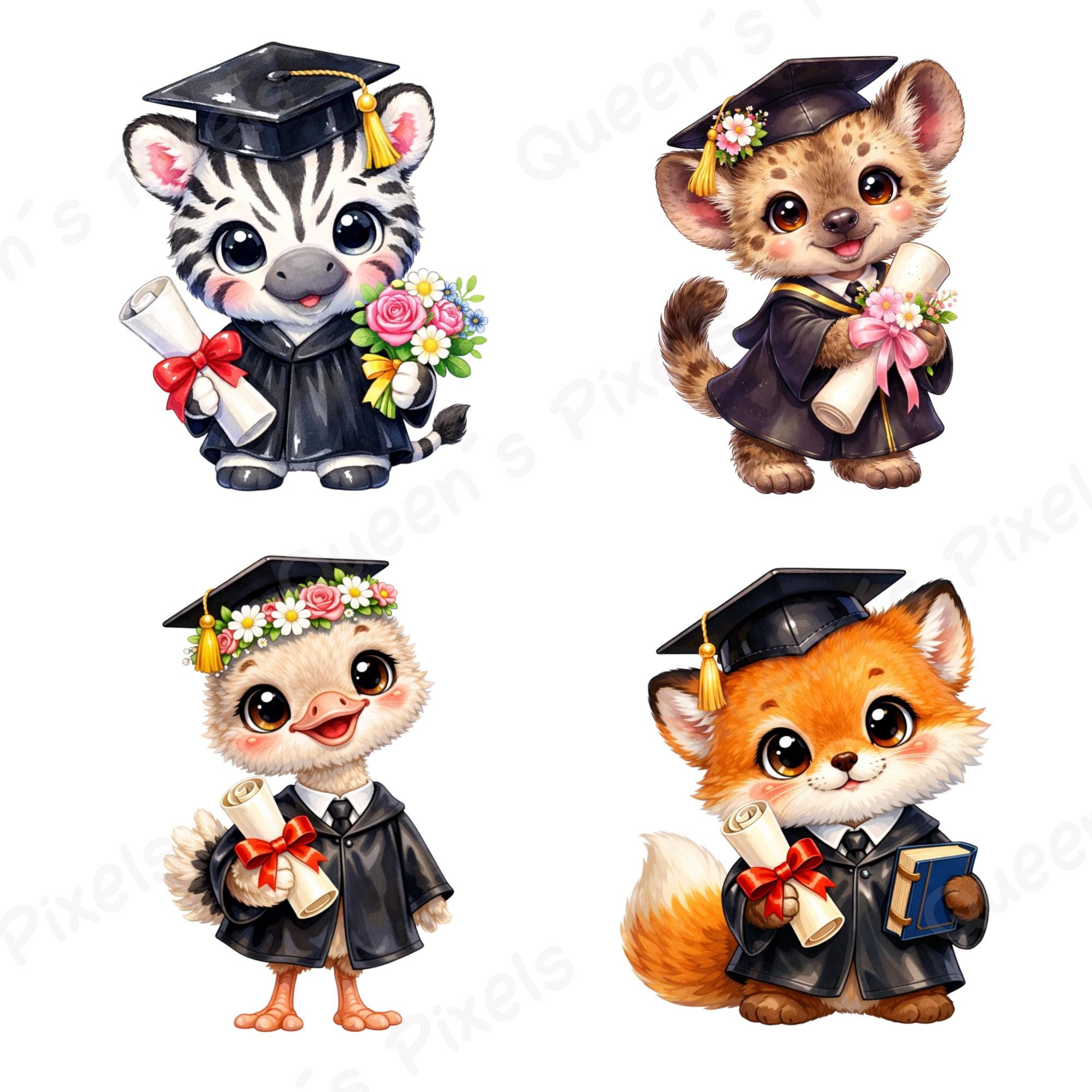 Graduation Cute Animals PNG Bundle, Kawaii Animal Graduation Clipart ...