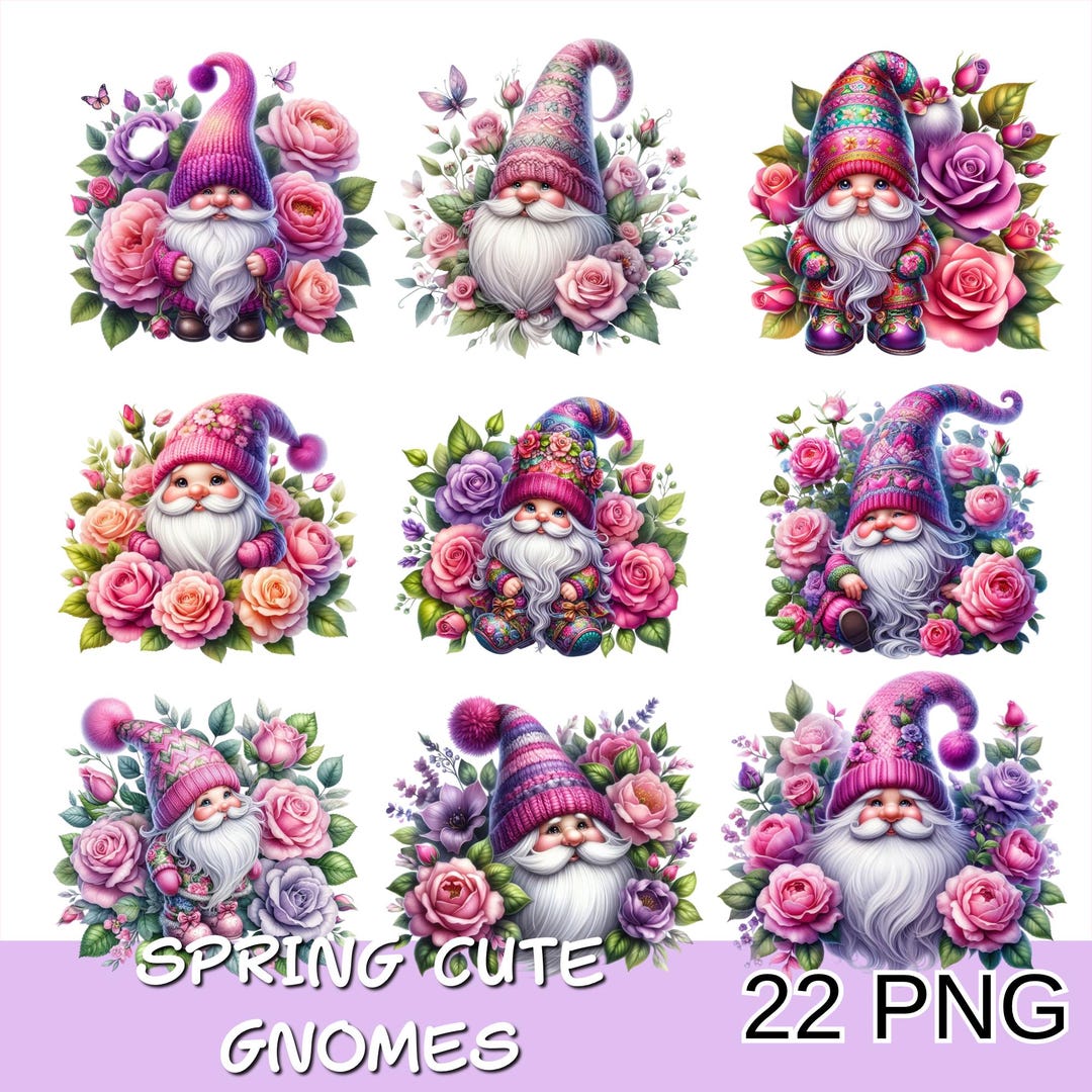 Spring Cute Gnome Png Clipart, Whimsical Floral Gnomes Clipart, Pink ...