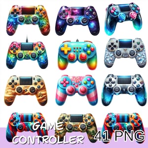 May include: Collection of nine colorful game controllers with various designs. The controllers feature vibrant colors, patterns, and textures, including galaxy, rainbow, and camouflage. The image includes the text "GAME CONTROLLER 41 PNG".