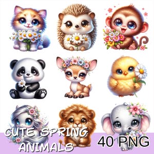Frühlingstiere Clipart PNG-Bundle, Kawaii Baby, Blumengrafiken (40 PNG)