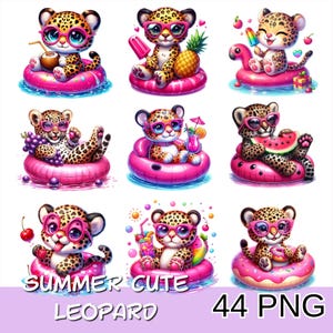 Puede incluir: Una colección de nueve ilustraciones digitales con leopardos de dibujos animados con gafas de sol y flotadores inflables. Cada leopardo disfruta de golosinas de verano como cocos, helados y sandía. El texto "SUMMER CUTE LEOPARD" y "44 PNG" está en la parte inferior.