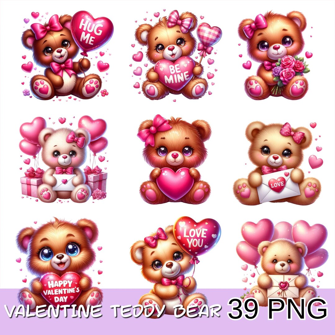 Cute Valentine Teddy Bear Png Clipart Bundle, Love Bear Png, Adorable ...