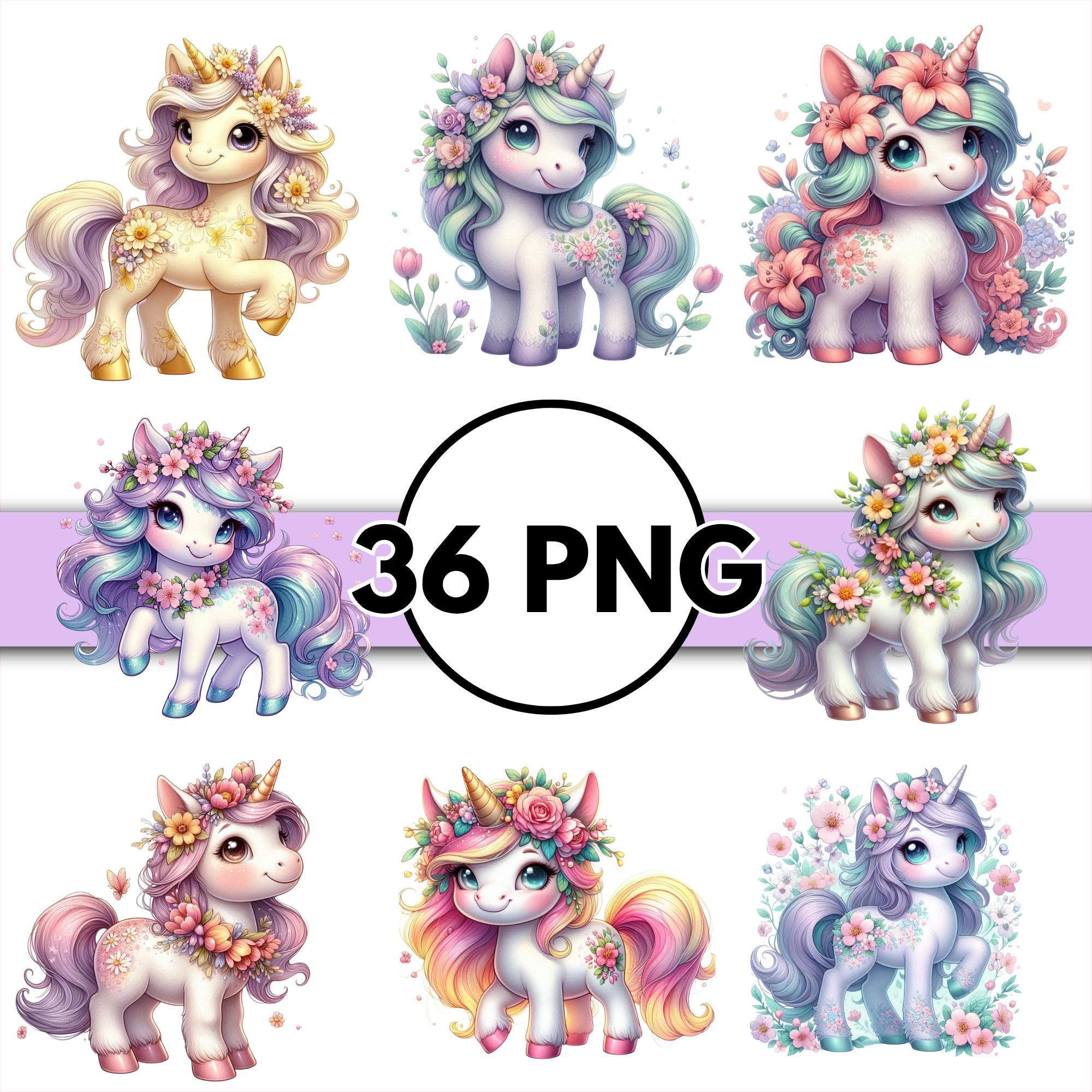 Cute Floral Unicorn PNG Clipart Bundle, Pastel Unicorn Graphics, Kawaii ...