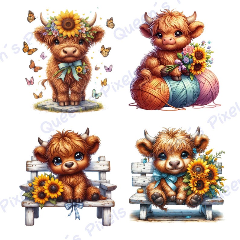Highland Cow Sunflower Clipart PNG, Cute Cow Sublimation Design Bundle ...