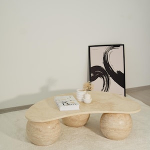 Natural Travertine Ball Set of 3 with Top Coffee Table,Handmade Travertine Coffee Table, Contemporary Stone Coffee Table,Living Room Accent