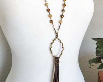 Tassel necklace, beaded chain necklace, leather tassel necklace, tassel beaded necklace, beaded necklace, bronze necklace, necklace, tassel