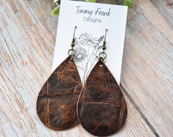 Large Leather Teardrop Earrings - Brown Leather Teardrop Dangle Earrings, Brown Leather Earrings