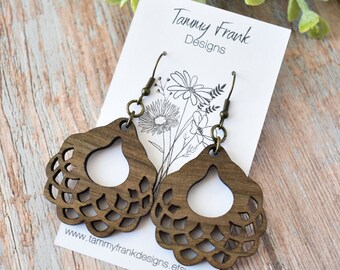 Blue Mahoe Wood Dangle Earrings - Exotic Wood Dangle Earrings, Laser Cut Wood Earrings, Wood Earrings