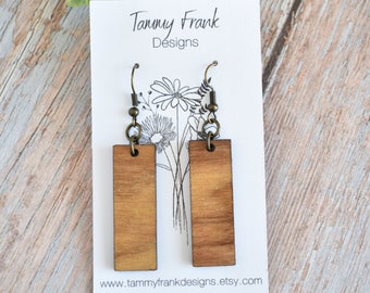 Canarywood Wood Bar Dangle Earrings - Exotic Wood Dangle Earrings, Laser Cut Wood Earrings, Wood Earrings