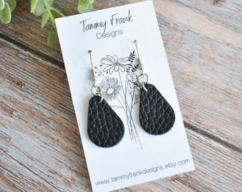 black leather teardrop earrings, leather earrings, small leather teardrop earrings, black leather teardrop, leather earrings, black leather