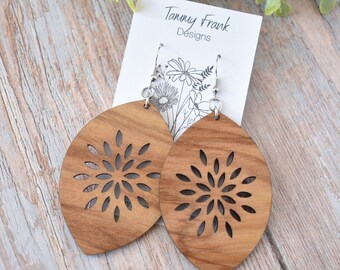 Canarywood Wood Dangle Earrings - Large Exotic Wood Dangle Earrings, Laser Cut Wood Earrings, Wood Earrings