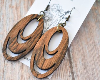 Bocote Wood Dangle Earrings - Exotic Wood Dangle Earrings, Laser Cut Wood Earrings, Wood Earrings