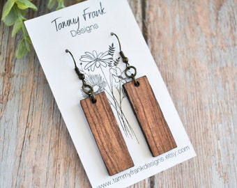 Bubinga Wood Bar Earrings - Exotic Wood Dangle Earrings, Laser Cut Wood Earrings, Wood Earrings