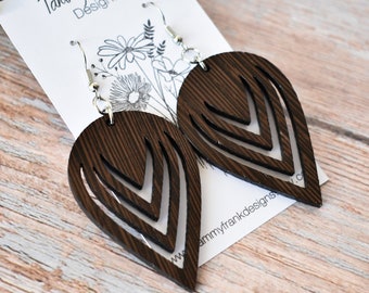 Wenge Wood Dangle Earrings - Exotic Wood Dangle Earrings, Laser Cut Wood Earrings, Wood Earrings