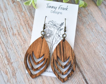 Bocote Wood Dangle Earrings - Exotic Wood Dangle Earrings, Laser Cut Wood Earrings, Wood Earrings