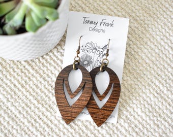 Bocote Wood Dangle Earrings – Boho-Rustic Handmade Laser Cut Wood Jewelry