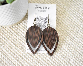 Wenge Wood Dangle Earrings – Laser Cut Exotic Wood, Boho-Rustic Style